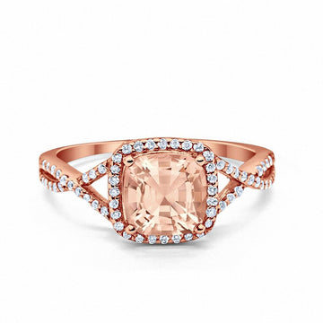 Halo Engagement Ring Rose Tone, Simulated Morganite CZ 925 Sterling Silver